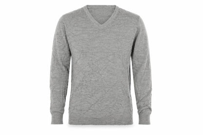 Front view of Cedarwood State men’s grey v-neck acrylic jumper, size M