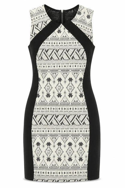Front view of H&M women’s white geometric cotton bodycon, size UK 12, crew neck zip