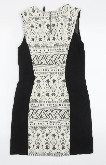 H&M Womens White Geometric Cotton Bodycon  Size 12  Crew Neck Zip