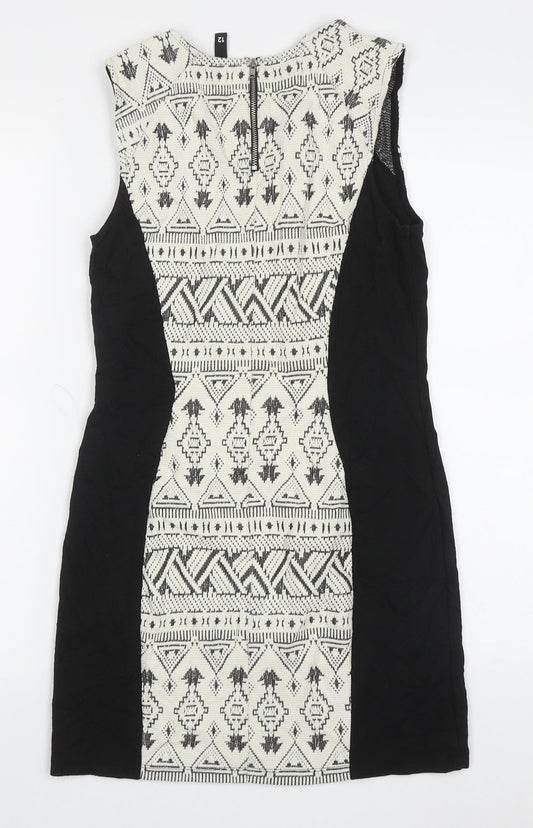 H&M Womens White Geometric Cotton Bodycon  Size 12  Crew Neck Zip