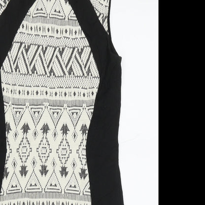 H&M Womens White Geometric Cotton Bodycon  Size 12  Crew Neck Zip