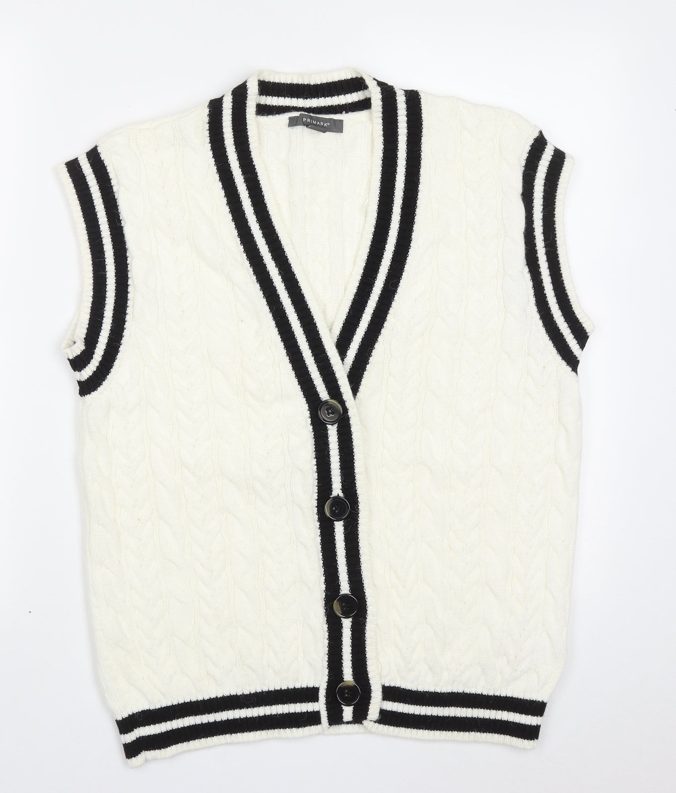 Primark Womens White V-Neck Geometric Acrylic Cardigan Jumper Size S