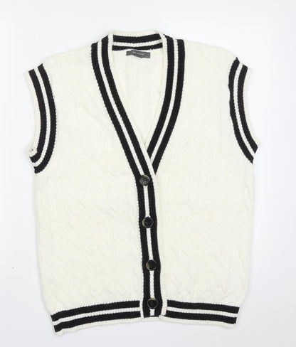 Primark Womens White V-Neck Geometric Acrylic Cardigan Jumper Size S