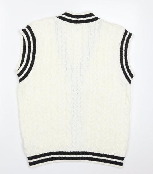 Primark Womens White V-Neck Geometric Acrylic Cardigan Jumper Size S