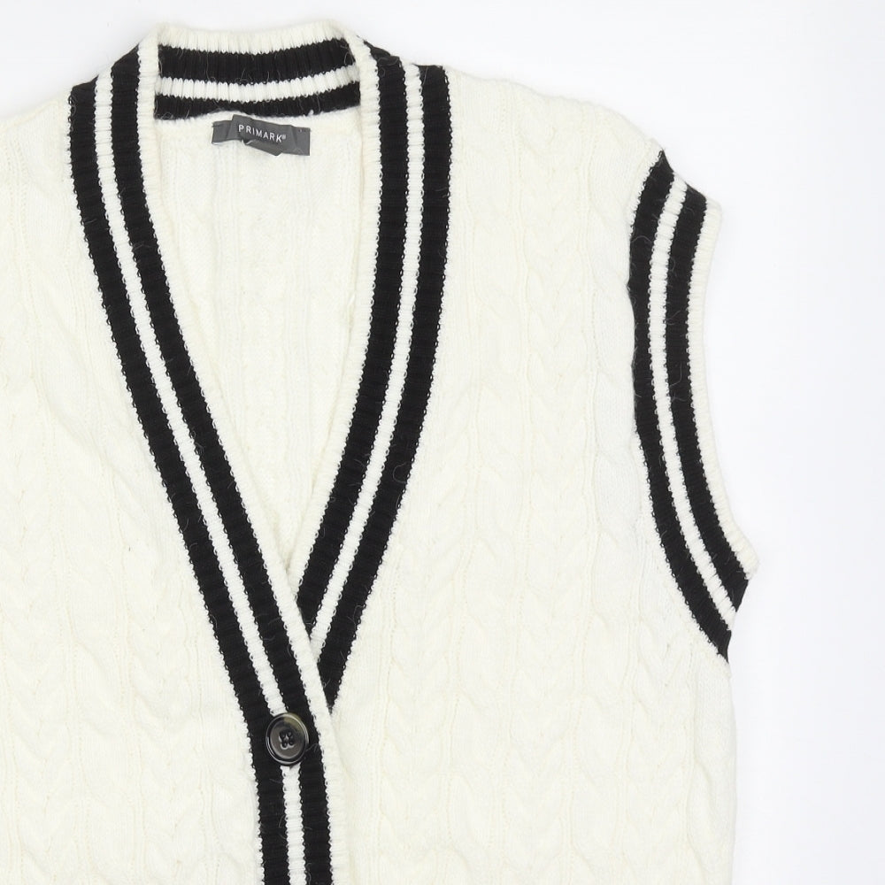 Primark Womens White V-Neck Geometric Acrylic Cardigan Jumper Size S