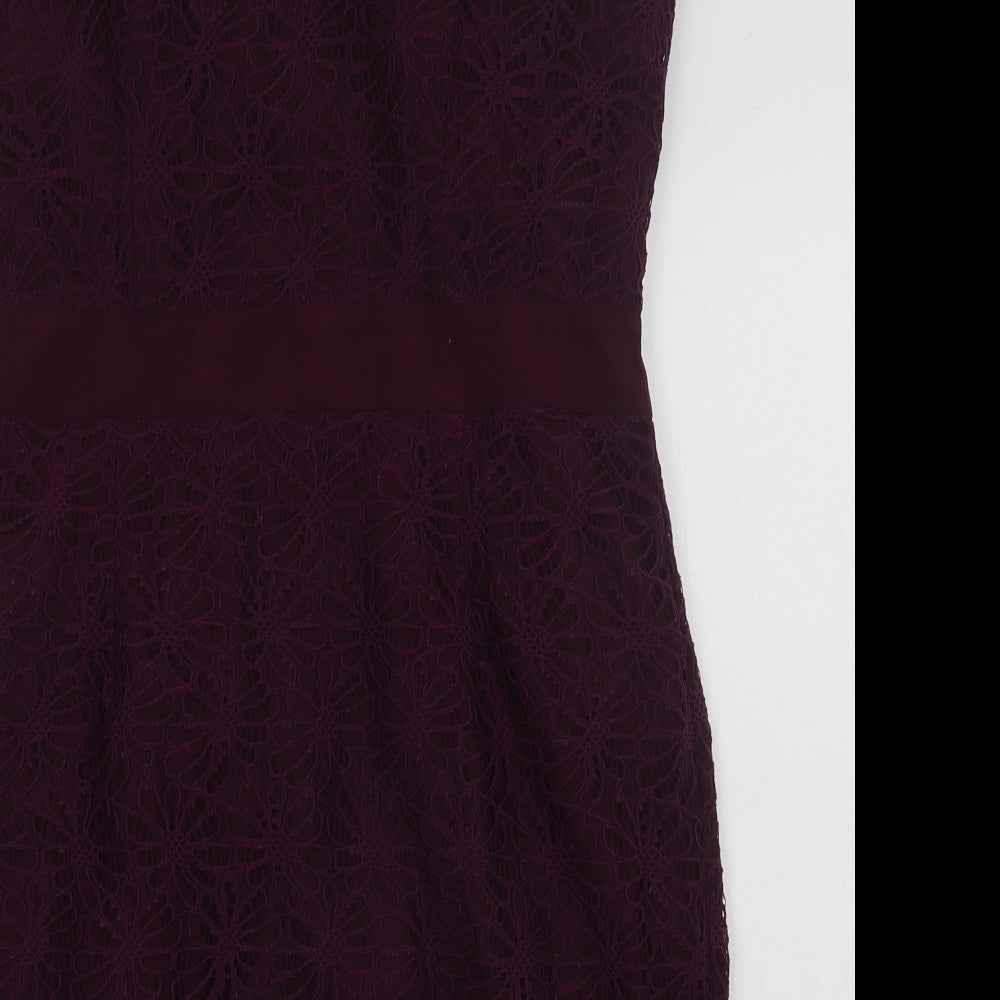 Fever London Womens Purple  Nylon Pencil Dress  Size 14  Off the Shoulder Zip - Lace Overlay
