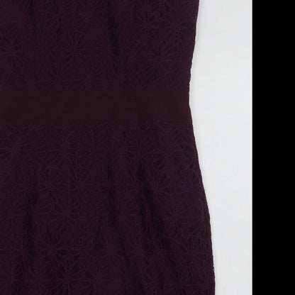 Fever London Womens Purple  Nylon Pencil Dress  Size 14  Off the Shoulder Zip - Lace Overlay