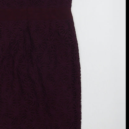 Fever London Womens Purple  Nylon Pencil Dress  Size 14  Off the Shoulder Zip - Lace Overlay