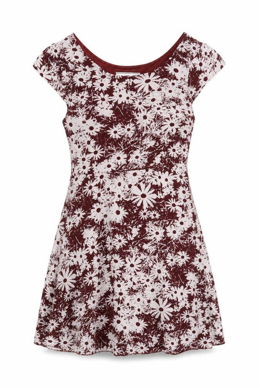 Front view of Snow Traffic women’s red floral polyester fit & flare, size M, round neck zip