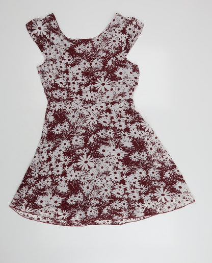Snow Traffic Womens Red Floral Polyester Fit & Flare  Size M  Round Neck Zip