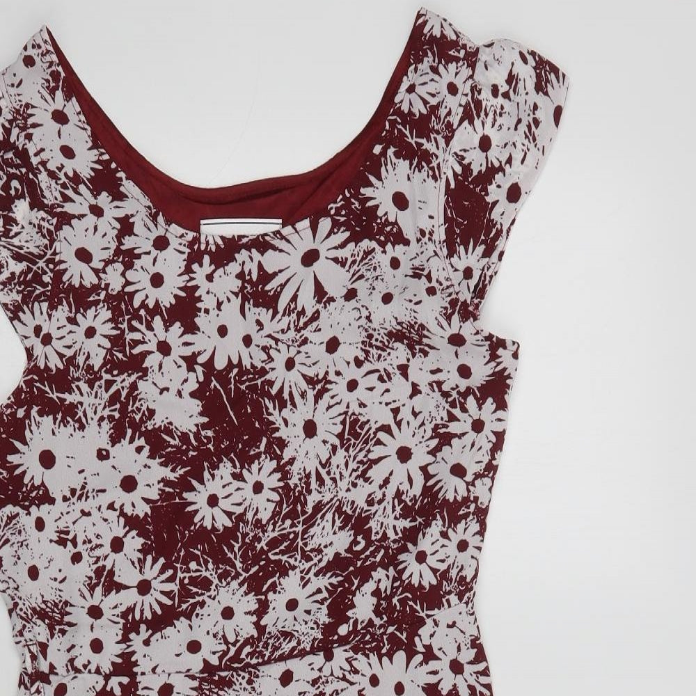 Snow Traffic Womens Red Floral Polyester Fit & Flare  Size M  Round Neck Zip
