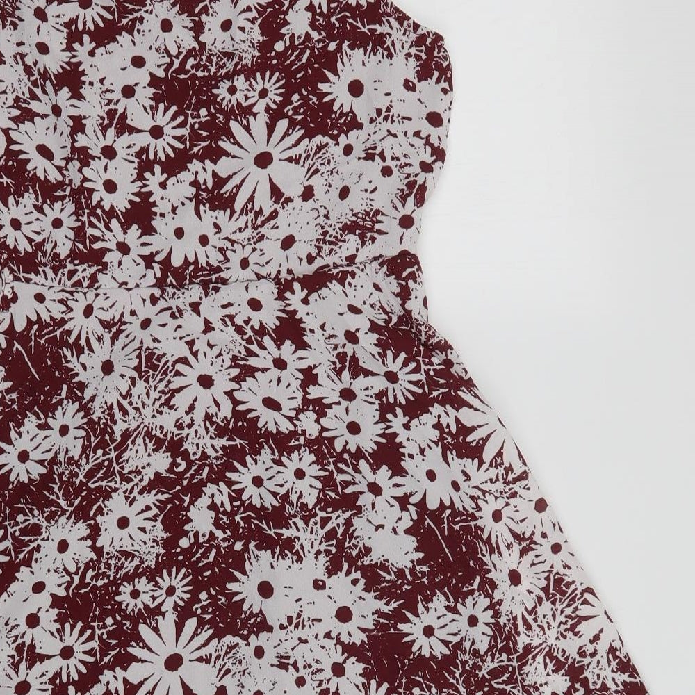 Snow Traffic Womens Red Floral Polyester Fit & Flare  Size M  Round Neck Zip