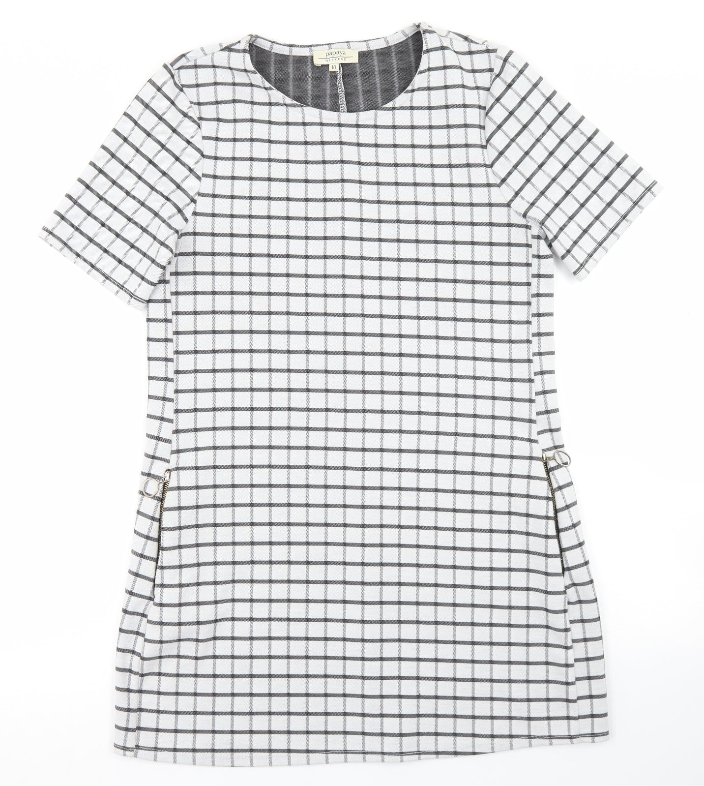 Papaya Womens White Check Polyester Pencil Dress  Size 10  Crew Neck