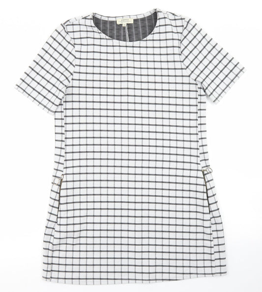 Papaya Womens White Check Polyester Pencil Dress  Size 10  Crew Neck