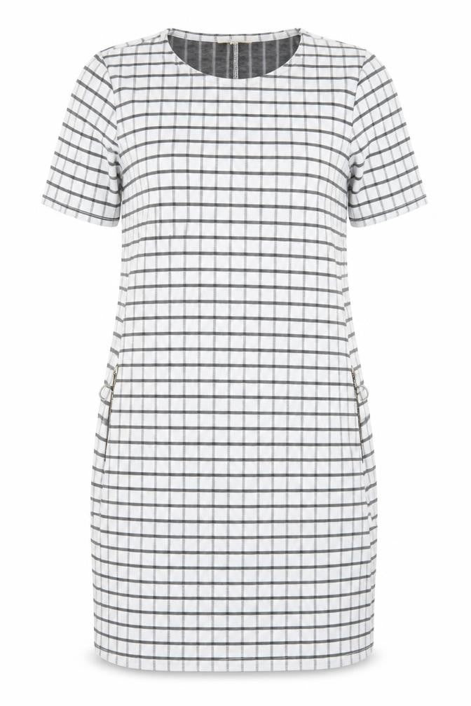 Front view of Papaya women’s white check polyester pencil dress, size UK 10, crew neck