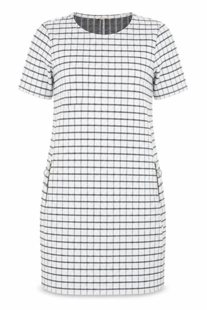 Front view of Papaya women’s white check polyester pencil dress, size UK 10, crew neck