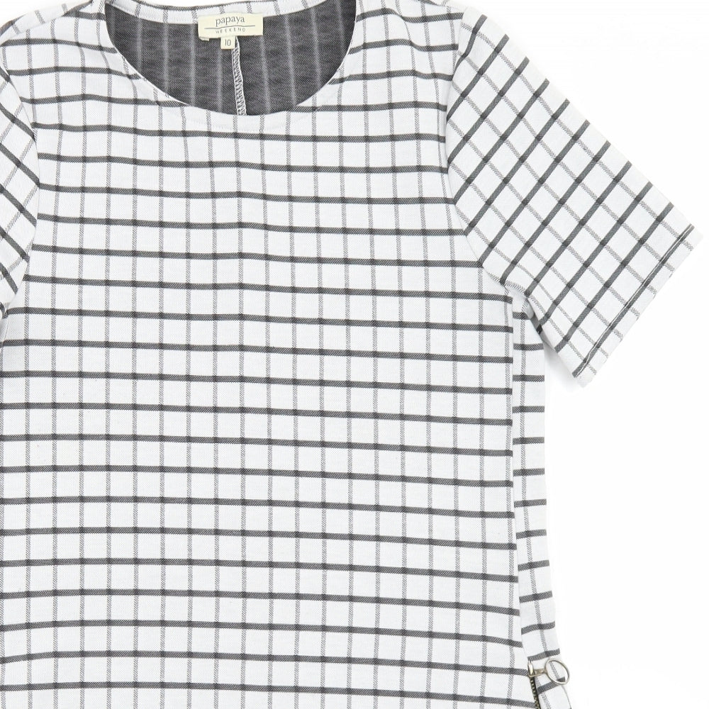 Papaya Womens White Check Polyester Pencil Dress  Size 10  Crew Neck