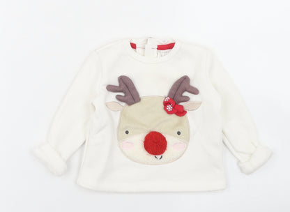 F&F Girls White  Polyester Basic T-Shirt Size 3-6 Months Crew Neck Button - Christmas Reindeer