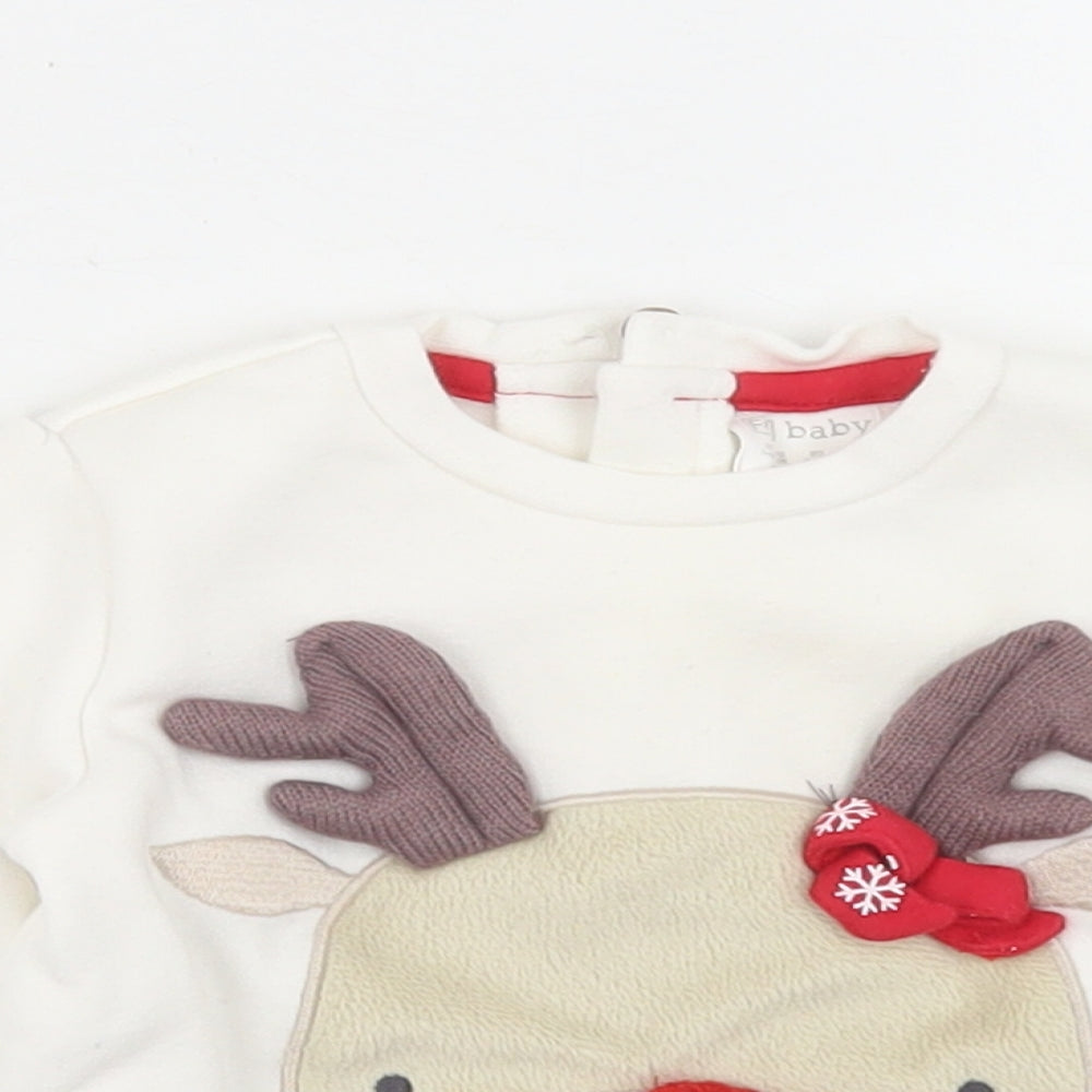 F&F Girls White  Polyester Basic T-Shirt Size 3-6 Months Crew Neck Button - Christmas Reindeer