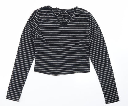 915 Generation Girls Black Striped Cotton Cropped T-Shirt Size 12-13 Years V-Neck