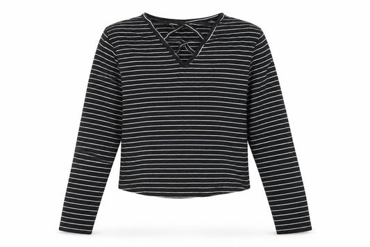 Front view of 915 Generation girls’ black striped cotton cropped t-shirt, size 12-13, years v-neck