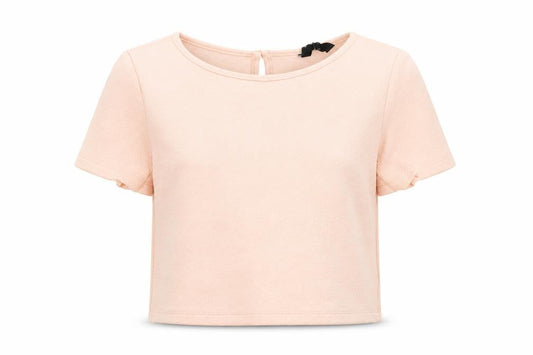 Front view of 915 Generation girls’ pink polyester cropped blouse, size 11, years round neck button