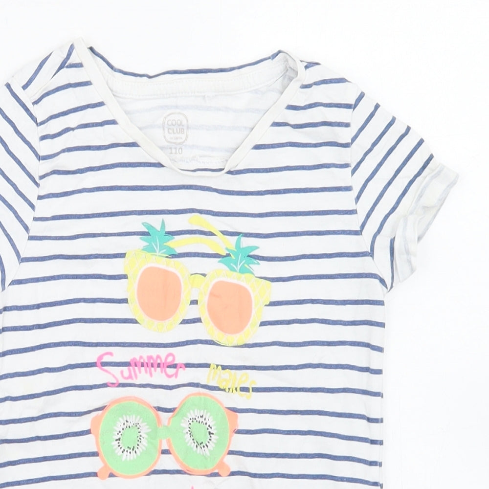 Cool Club Girls Blue Striped Cotton Basic T-Shirt Size 5 Years Crew Neck  - Sunglasses