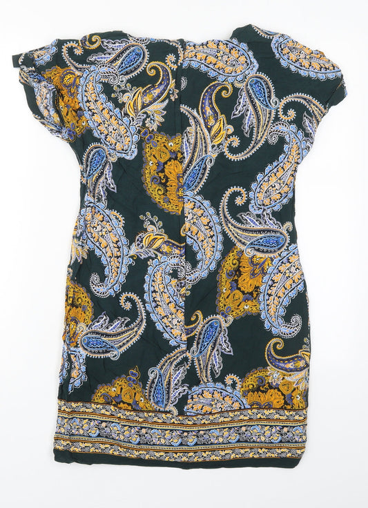 Dorothy Perkins Womens Green Paisley Viscose Mini  Size 8  Round Neck Zip