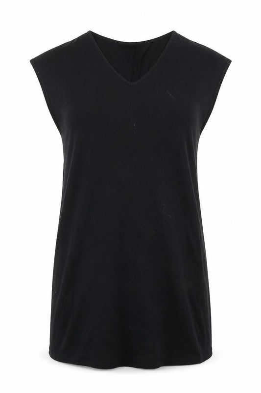 Front view of SHEIN women’s black cotton t-shirt dress, size S, v-neck pullover