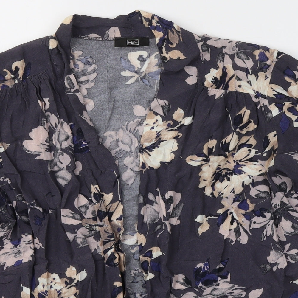 F&F Womens Blue V-Neck Floral Viscose Cardigan Jumper Size 10   - Open front