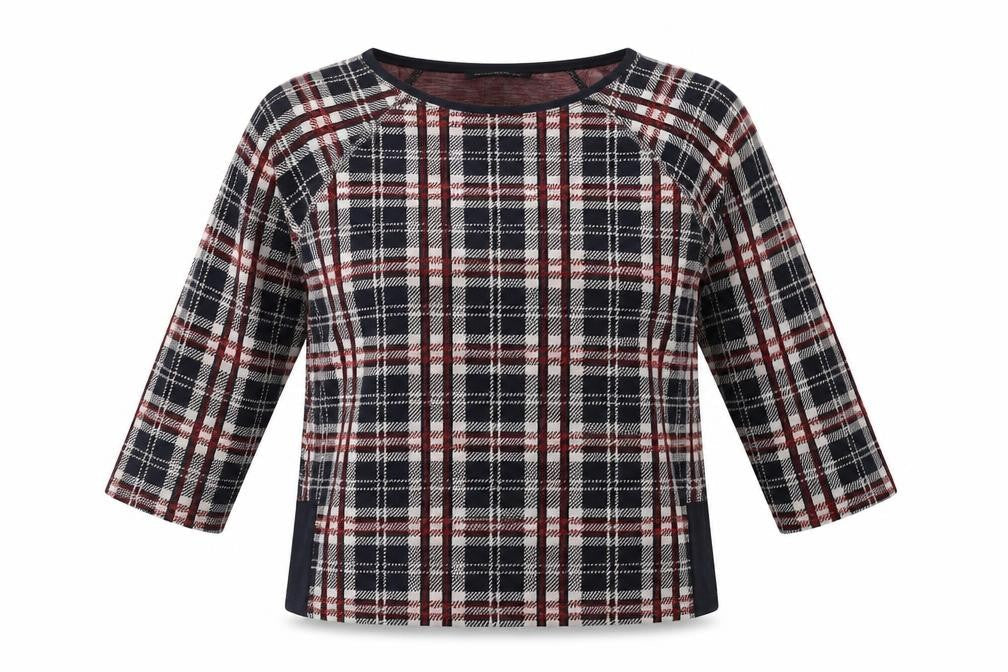 Betty Barclay Womens Blue Plaid Cotton Basic Blouse Size 12 Round Neck