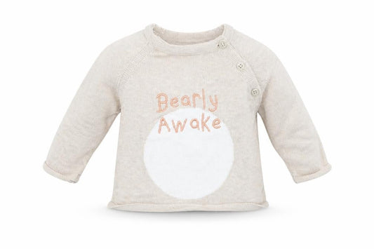 M&Co Baby Beige  100% Cotton Pullover Jumper Size 0-3 Months  Button - bearly awake