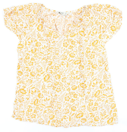 F&F Womens White Floral Viscose Basic Blouse Size 14 V-Neck