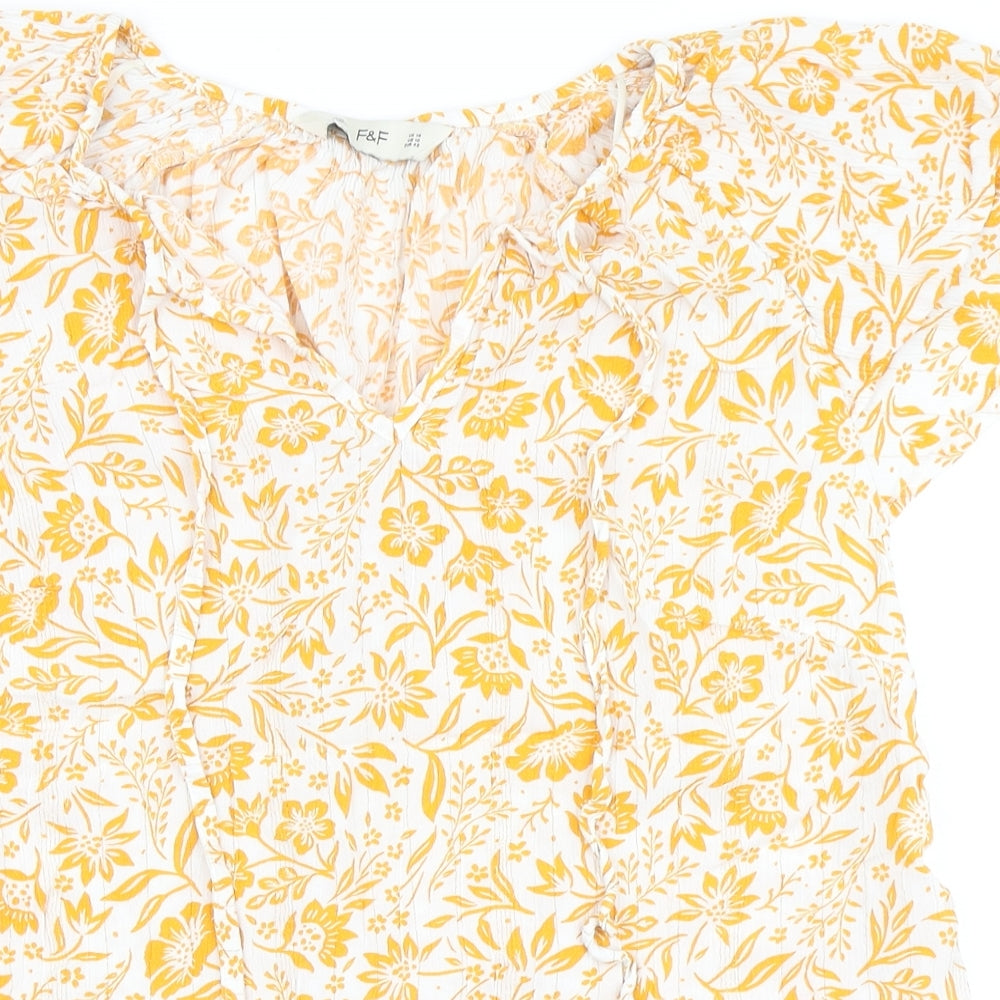 F&F Womens White Floral Viscose Basic Blouse Size 14 V-Neck