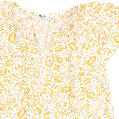 F&F Womens White Floral Viscose Basic Blouse Size 14 V-Neck