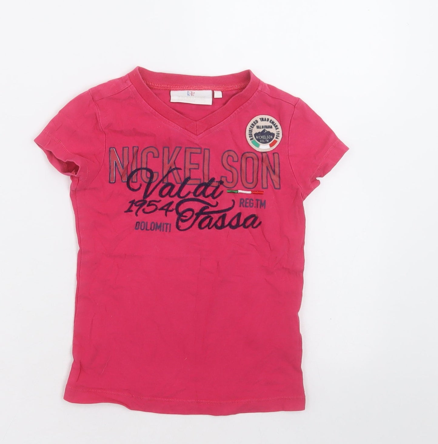 Nickelson Girls Pink  Cotton Basic T-Shirt Size 4 Years V-Neck Pullover