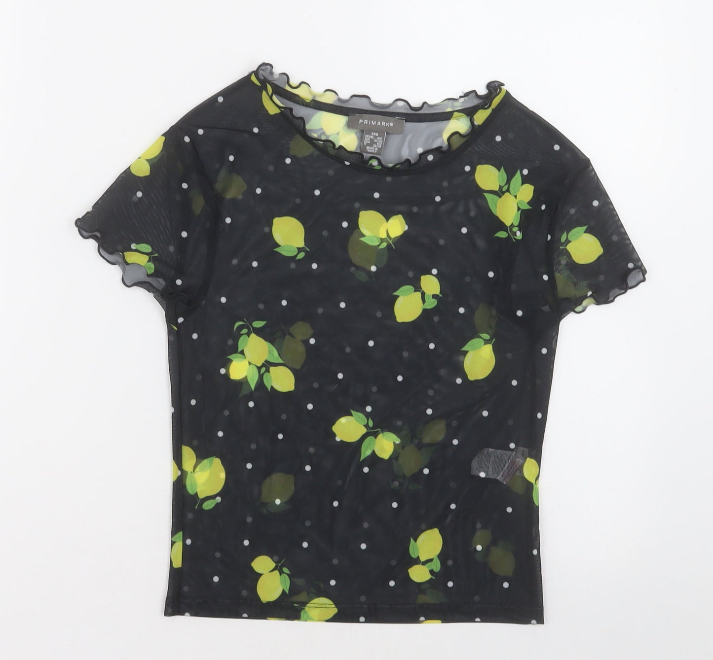 Primark Womens Black Geometric Polyester Cropped T-Shirt Size 4 Crew Neck - Lemon print