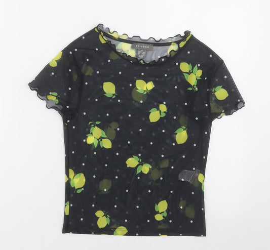 Primark Womens Black Geometric Polyester Cropped T-Shirt Size 4 Crew Neck - Lemon print