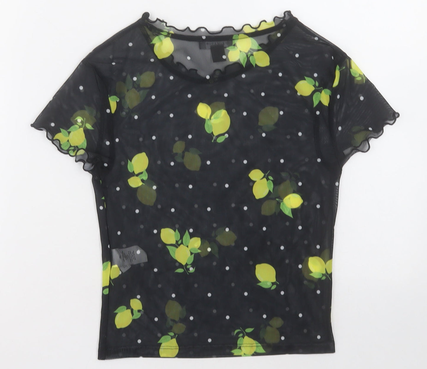Primark Womens Black Geometric Polyester Cropped T-Shirt Size 4 Crew Neck - Lemon print