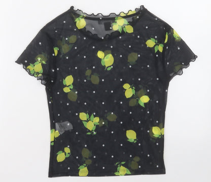 Primark Womens Black Geometric Polyester Cropped T-Shirt Size 4 Crew Neck - Lemon print