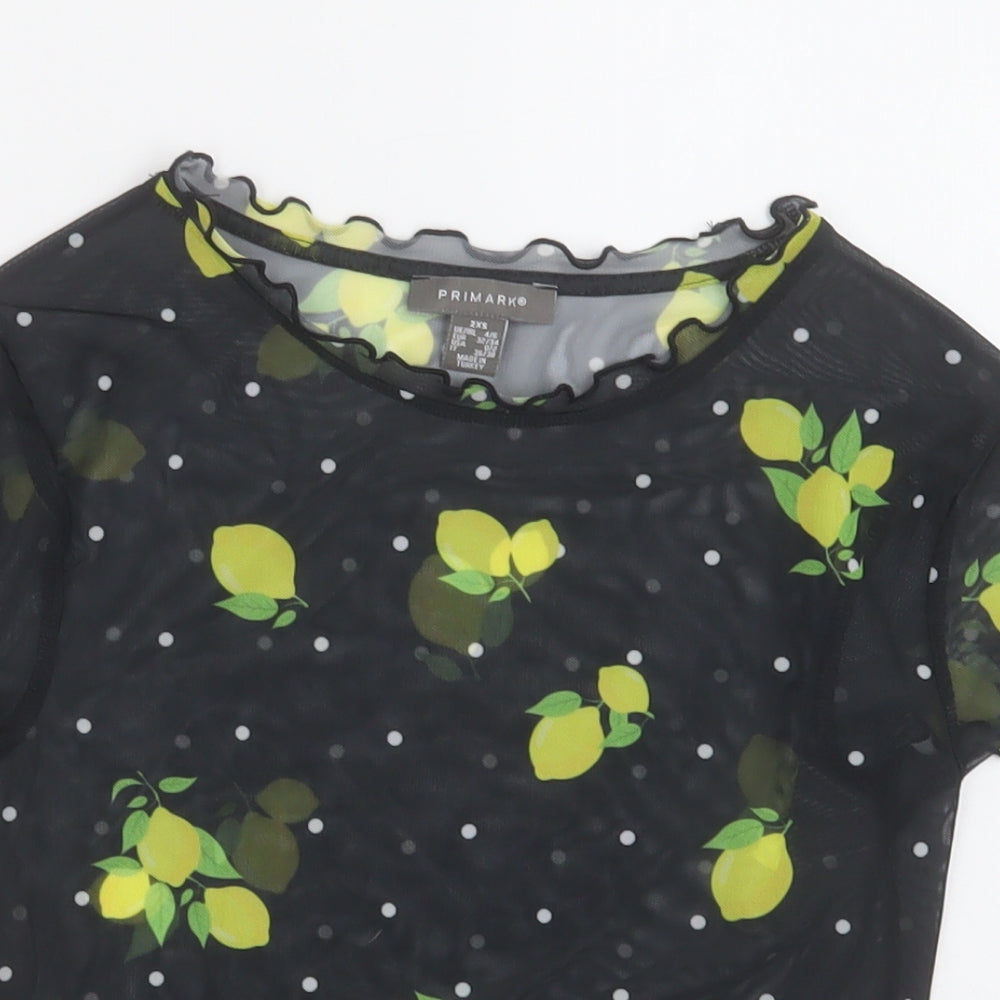 Primark Womens Black Geometric Polyester Cropped T-Shirt Size 4 Crew Neck - Lemon print