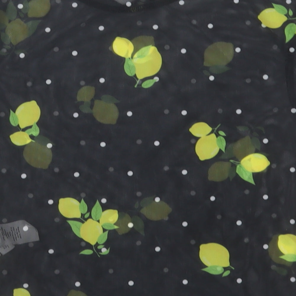 Primark Womens Black Geometric Polyester Cropped T-Shirt Size 4 Crew Neck - Lemon print