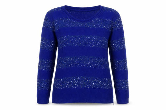 Front view of Gerard women’s blue crew neck striped jumper, size L