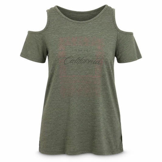 Front view of Atmosphere women’s green viscose basic t-shirt, size UK 8, crew neck - cold shoulder
