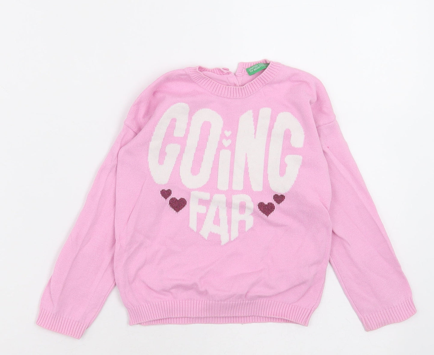 United Colors of Benetton Girls Pink Crew Neck  Cotton Pullover Jumper Size 2-3 Years  Button - going far