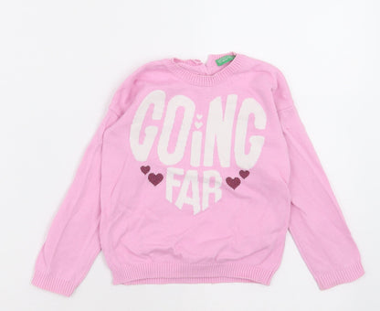 United Colors of Benetton Girls Pink Crew Neck  Cotton Pullover Jumper Size 2-3 Years  Button - going far
