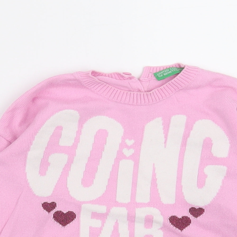 United Colors of Benetton Girls Pink Crew Neck  Cotton Pullover Jumper Size 2-3 Years  Button - going far