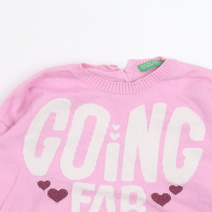 United Colors of Benetton Girls Pink Crew Neck  Cotton Pullover Jumper Size 2-3 Years  Button - going far