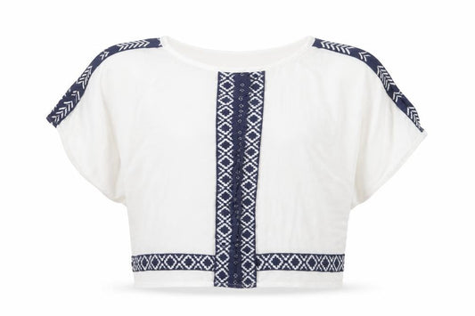 Front view of VILA women’s white geometric viscose cropped t-shirt, size M, crew neck