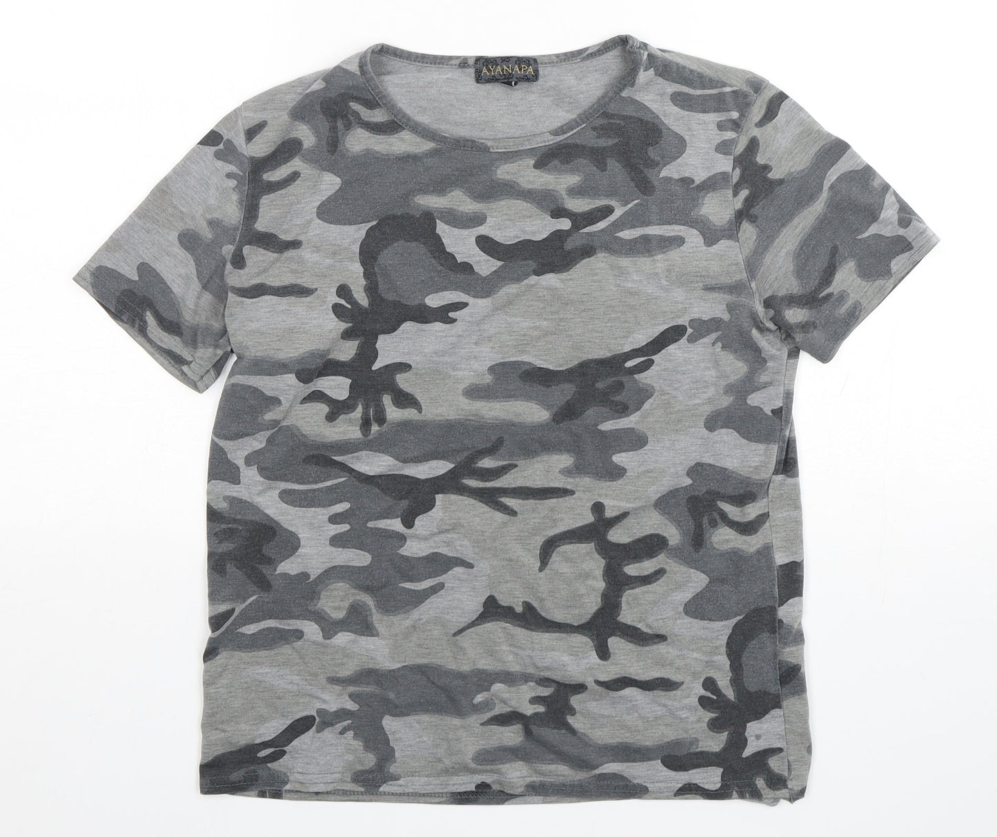 Ayanapa Womens Grey Camouflage Viscose Basic T-Shirt Size 10 Round Neck